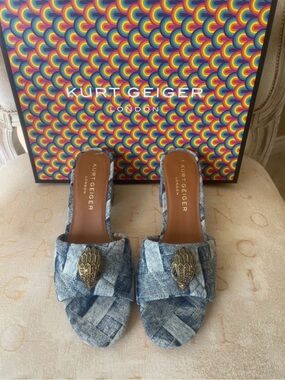 Kurt Geiger Blue Denim Effect Slide Mules with Gold Hamsa Emblem